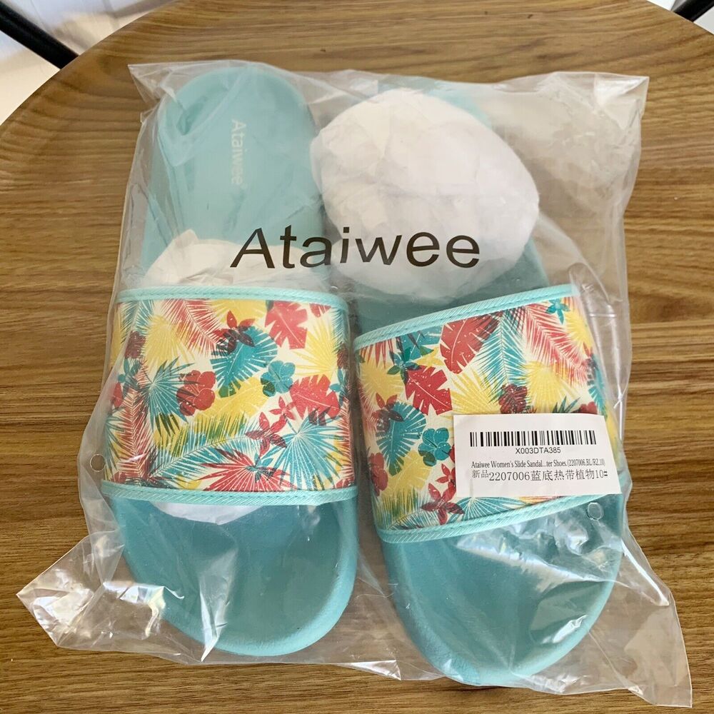 NEW Beach Slides Sandals Size 10 Sunset Palm Tree Blue Slip On Comfort Unisex - Picture 12 of 16